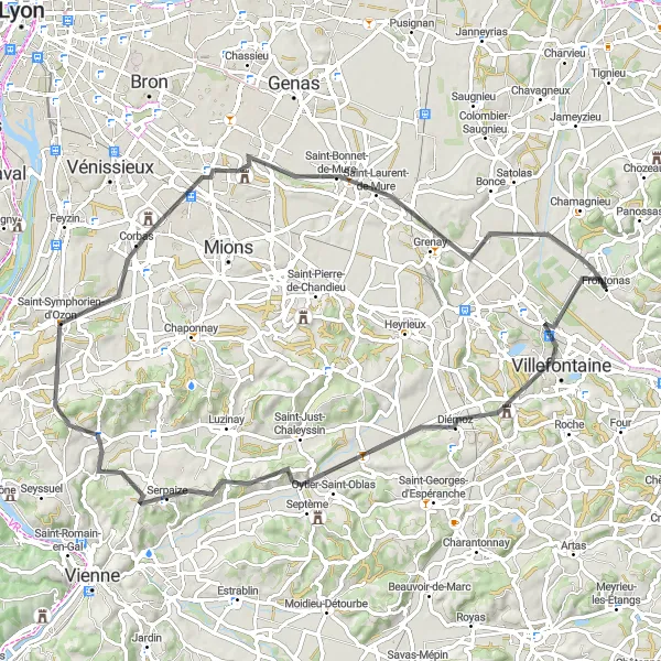 Miniatua del mapa de inspiración ciclista "Ruta de ciclismo de carretera Frontonas - Grenay" en Rhône-Alpes, France. Generado por Tarmacs.app planificador de rutas ciclistas