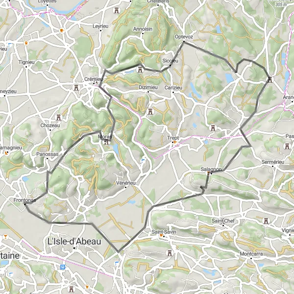 Miniatura della mappa di ispirazione al ciclismo "Giro panoramico tra Frontonas e Salagnon" nella regione di Rhône-Alpes, France. Generata da Tarmacs.app, pianificatore di rotte ciclistiche