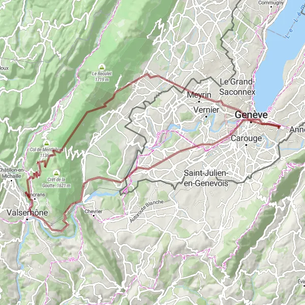 Miniatua del mapa de inspiración ciclista "Ruta por caminos de grava de Gaillard a Ginebra" en Rhône-Alpes, France. Generado por Tarmacs.app planificador de rutas ciclistas