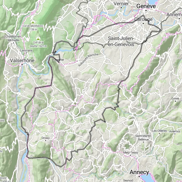 Map miniature of "Bossey to Carouge via Col du Mont Sion" cycling inspiration in Rhône-Alpes, France. Generated by Tarmacs.app cycling route planner