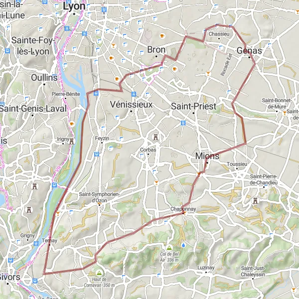 Miniaturní mapa "Gravel Route from Genas to Chassieu" inspirace pro cyklisty v oblasti Rhône-Alpes, France. Vytvořeno pomocí plánovače tras Tarmacs.app