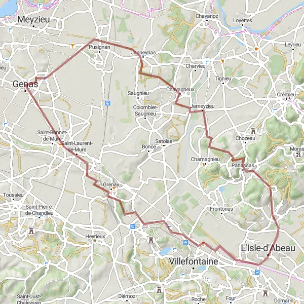 Miniaturní mapa "Gravel Trasa okolo Genas" inspirace pro cyklisty v oblasti Rhône-Alpes, France. Vytvořeno pomocí plánovače tras Tarmacs.app