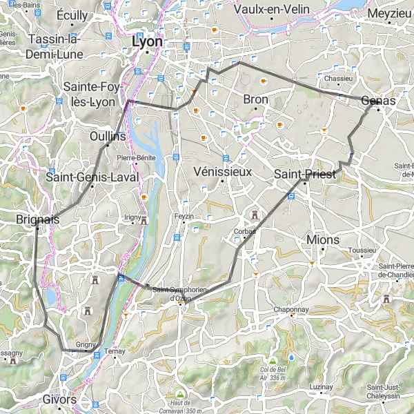Miniaturní mapa "Road Trip skrz Saint-Genis-Laval a Chassieu" inspirace pro cyklisty v oblasti Rhône-Alpes, France. Vytvořeno pomocí plánovače tras Tarmacs.app