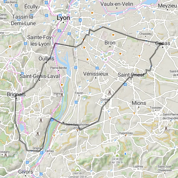 Karttaminiaatyyri "Genas - Corbas - Saint-Symphorien-d'Ozon - Vernaison - Saint-Genis-Laval - Chassieu - Genas" pyöräilyinspiraatiosta alueella Rhône-Alpes, France. Luotu Tarmacs.app pyöräilyreittisuunnittelijalla