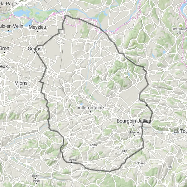 Miniaturní mapa "Silniční trasa skrz Pusignan, Chavanoz, Trept, Nivolas-Vermelle, Saint-Jean-de-Bournay, Saint-Georges-d'Espéranche a Saint-Bonnet-de-Mure" inspirace pro cyklisty v oblasti Rhône-Alpes, France. Vytvořeno pomocí plánovače tras Tarmacs.app