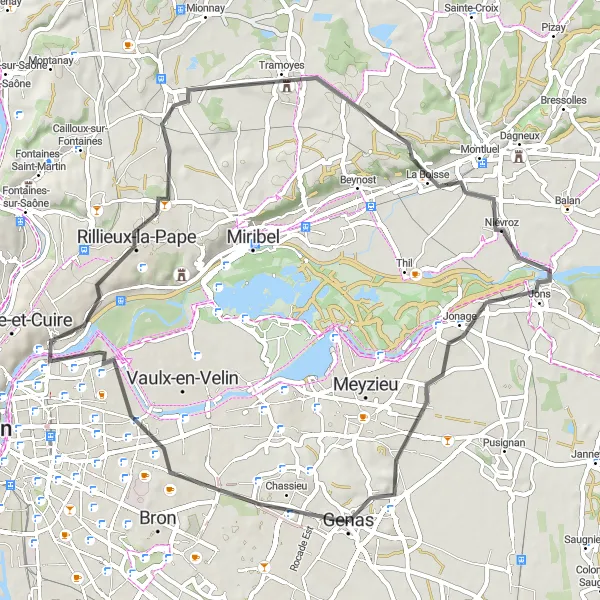 Miniaturní mapa "Okruh kolem Villeurbanne a Meyzieu" inspirace pro cyklisty v oblasti Rhône-Alpes, France. Vytvořeno pomocí plánovače tras Tarmacs.app
