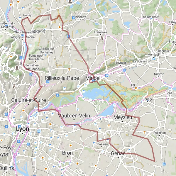 Map miniature of "Gravel Escape to Saint-Romain-au-Mont-d'Or" cycling inspiration in Rhône-Alpes, France. Generated by Tarmacs.app cycling route planner