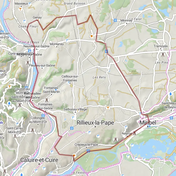 Miniaturní mapa "Trasa na horských kolech kolem Genay (39 km, 287 m stoupání)" inspirace pro cyklisty v oblasti Rhône-Alpes, France. Vytvořeno pomocí plánovače tras Tarmacs.app