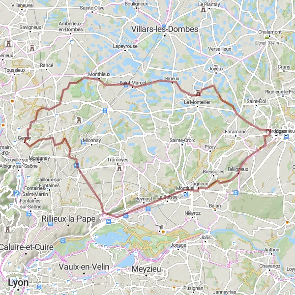 Miniatura mapy "Trasa gravel przez Monthieux i Bourg-Saint-Christophe" - trasy rowerowej w Rhône-Alpes, France. Wygenerowane przez planer tras rowerowych Tarmacs.app