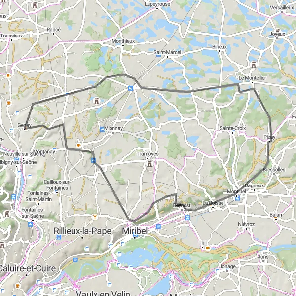 Miniaturní mapa "Cyklistická trasa kolem Genay" inspirace pro cyklisty v oblasti Rhône-Alpes, France. Vytvořeno pomocí plánovače tras Tarmacs.app