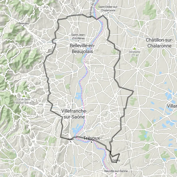 Miniatura della mappa di ispirazione al ciclismo "Avventura in Bicicletta attraverso i Borghi del Beaujolais" nella regione di Rhône-Alpes, France. Generata da Tarmacs.app, pianificatore di rotte ciclistiche