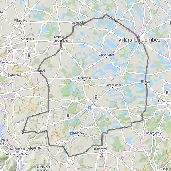 Miniaturní mapa "Cyklistická trasa kolem Genay (61 km, 302 m stoupání)" inspirace pro cyklisty v oblasti Rhône-Alpes, France. Vytvořeno pomocí plánovače tras Tarmacs.app