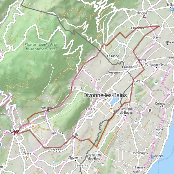 Miniatuurkaart van de fietsinspiratie "Rustige gravelroute naar Chavannes-des-Bois" in Rhône-Alpes, France. Gemaakt door de Tarmacs.app fietsrouteplanner