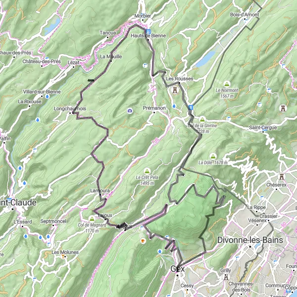 Miniature de la carte de l'inspiration cycliste "Boucle autour de Gex et des montagnes jurassiennes" dans la Rhône-Alpes, France. Générée par le planificateur d'itinéraire cycliste Tarmacs.app