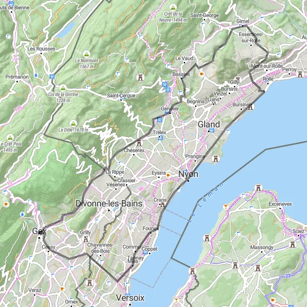 Miniatua del mapa de inspiración ciclista "Ruta Escénica de 77 km desde Gex" en Rhône-Alpes, France. Generado por Tarmacs.app planificador de rutas ciclistas