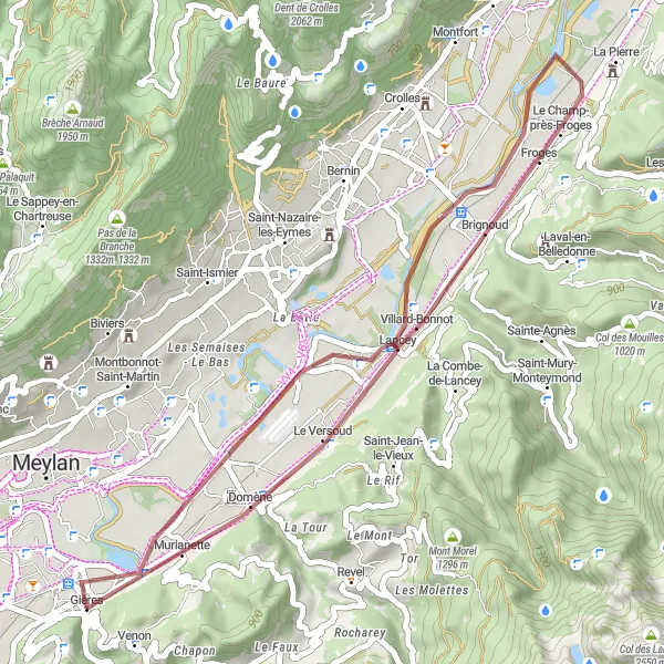 Map miniature of "Gravel Route through Gières to Villard-Bonnot" cycling inspiration in Rhône-Alpes, France. Generated by Tarmacs.app cycling route planner
