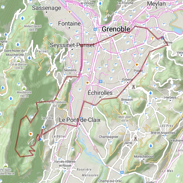 Miniatura della mappa di ispirazione al ciclismo "Avventura Gravel verso Grenoble" nella regione di Rhône-Alpes, France. Generata da Tarmacs.app, pianificatore di rotte ciclistiche