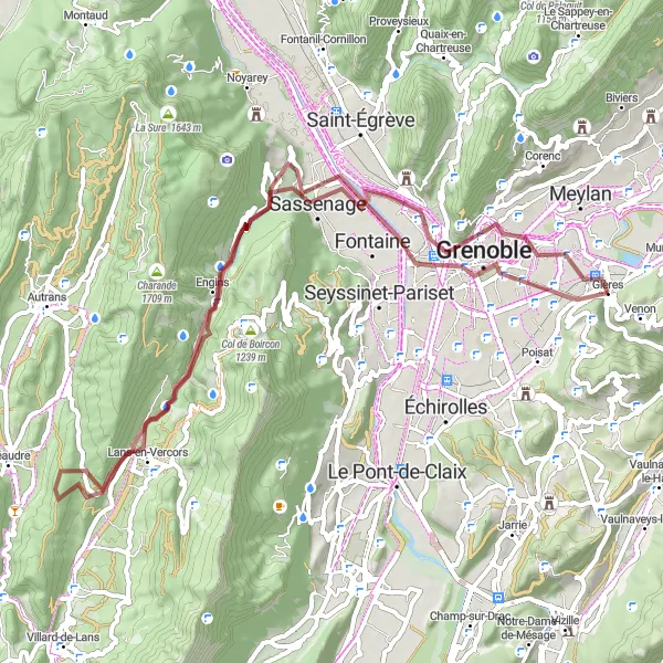 Miniaturní mapa "Gravel Kolo okolo Gières" inspirace pro cyklisty v oblasti Rhône-Alpes, France. Vytvořeno pomocí plánovače tras Tarmacs.app