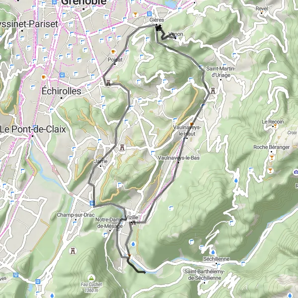 Mapa miniatúra "Road cyklotúra cez horské sedlá" cyklistická inšpirácia v Rhône-Alpes, France. Vygenerované cyklistickým plánovačom trás Tarmacs.app