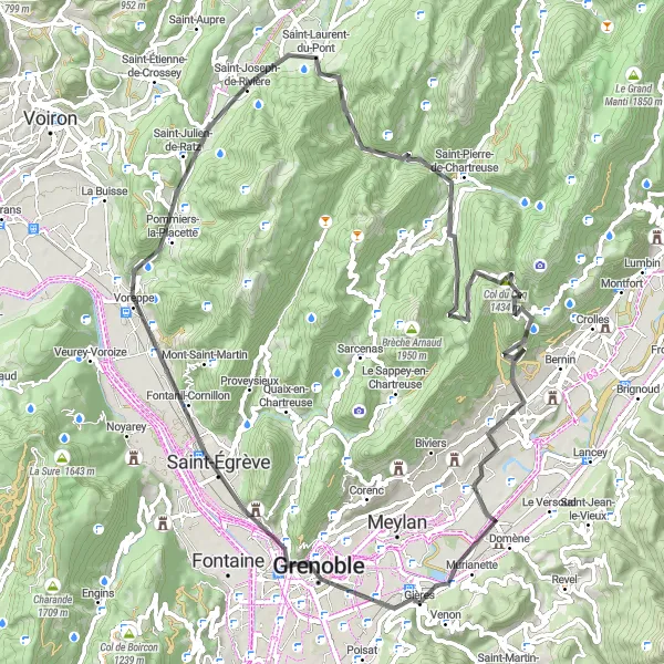 Map miniature of "Road Cycling Adventure from Gières to Murianette" cycling inspiration in Rhône-Alpes, France. Generated by Tarmacs.app cycling route planner