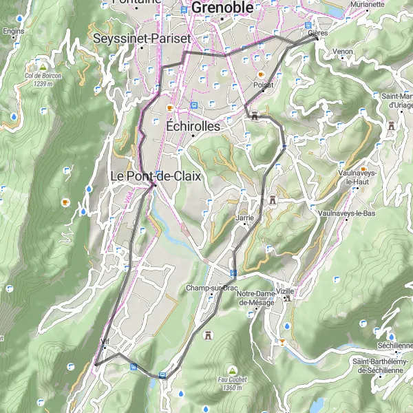 Miniatua del mapa de inspiración ciclista "Ruta de Carretera Gières - Seyssins" en Rhône-Alpes, France. Generado por Tarmacs.app planificador de rutas ciclistas