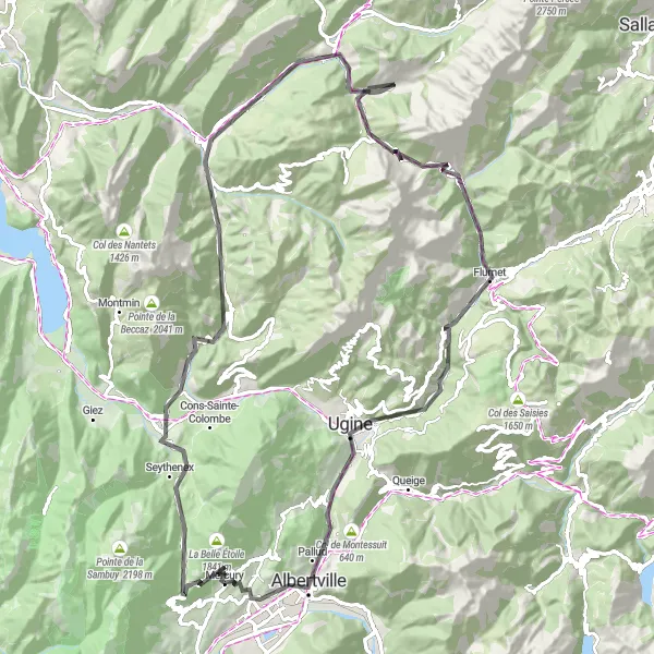 Miniature de la carte de l'inspiration cycliste "Le Tour du Massif des Aravis" dans la Rhône-Alpes, France. Générée par le planificateur d'itinéraire cycliste Tarmacs.app