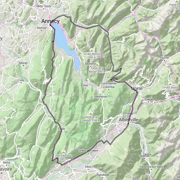 Miniatua del mapa de inspiración ciclista "Recorrido en carretera por Lescheraines y Annecy" en Rhône-Alpes, France. Generado por Tarmacs.app planificador de rutas ciclistas