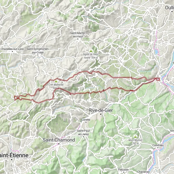 Miniatura della mappa di ispirazione al ciclismo "Givors - Saint-Joseph - Crêt de Chagneux - Crêt Reynaud - Saint-Christo-en-Jarez - La Gimond - Crêt Malherbe - Table d'orientation - Saint-Didier-sous-Riverie - Saint-Andéol-le-Château - Givors" nella regione di Rhône-Alpes, France. Generata da Tarmacs.app, pianificatore di rotte ciclistiche