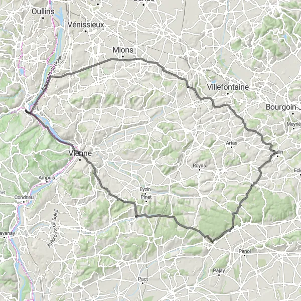 Miniatua del mapa de inspiración ciclista "Ruta de Heyrieux a Givors" en Rhône-Alpes, France. Generado por Tarmacs.app planificador de rutas ciclistas