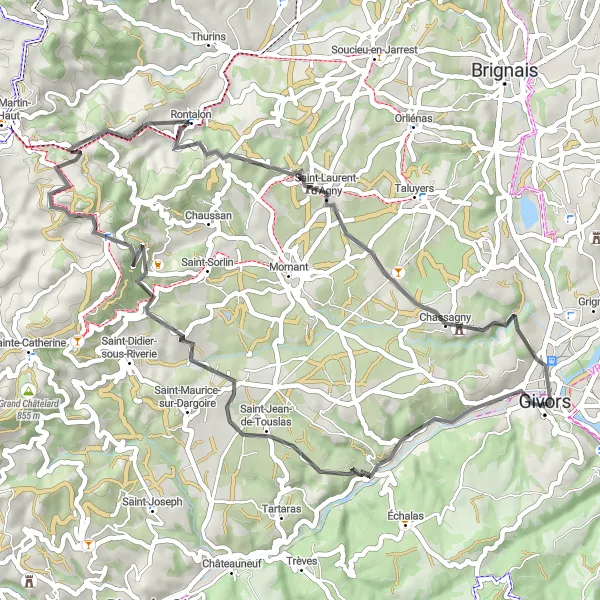 Miniatura della mappa di ispirazione al ciclismo "Givors - Saint-Romain-en-Gier - Saint-André-la-Côte - Signal de Saint-André - Crêt du Bouchat - Saint-Laurent-d'Agny - Givors" nella regione di Rhône-Alpes, France. Generata da Tarmacs.app, pianificatore di rotte ciclistiche