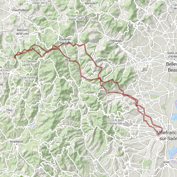 Miniature de la carte de l'inspiration cycliste "Boucle du Beaujolais" dans la Rhône-Alpes, France. Générée par le planificateur d'itinéraire cycliste Tarmacs.app