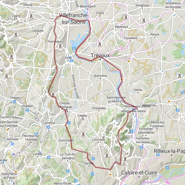 Miniatuurkaart van de fietsinspiratie "Gravelroute rond Gleizé" in Rhône-Alpes, France. Gemaakt door de Tarmacs.app fietsrouteplanner
