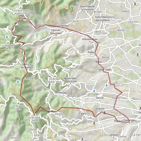 Miniatuurkaart van de fietsinspiratie "45km gravel avontuur in de Beaujolais" in Rhône-Alpes, France. Gemaakt door de Tarmacs.app fietsrouteplanner