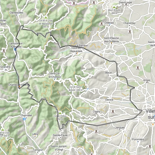 Miniature de la carte de l'inspiration cycliste "Tour des Monts du Lyonnais" dans la Rhône-Alpes, France. Générée par le planificateur d'itinéraire cycliste Tarmacs.app