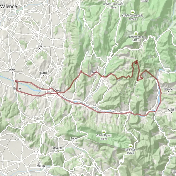 Miniatura della mappa di ispirazione al ciclismo "Grane - Crest - Pontaix Loop (Gravel)" nella regione di Rhône-Alpes, France. Generata da Tarmacs.app, pianificatore di rotte ciclistiche