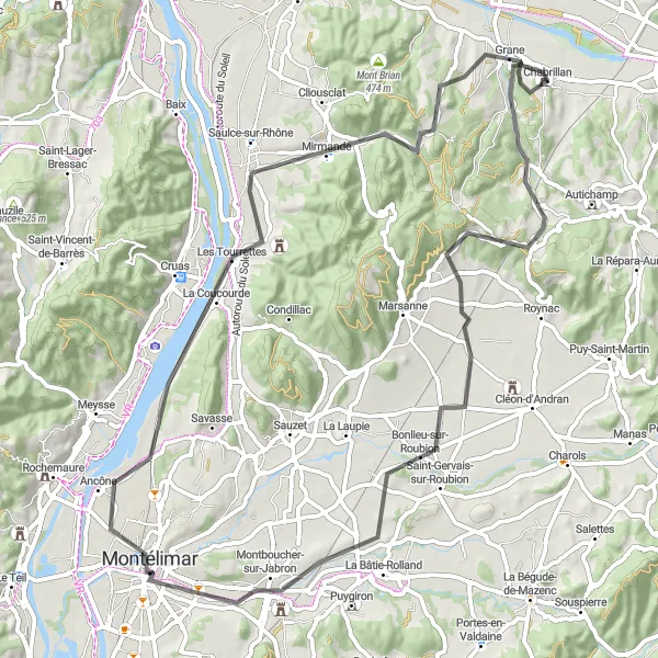 Map miniature of "Grane to Montélimar Loop" cycling inspiration in Rhône-Alpes, France. Generated by Tarmacs.app cycling route planner