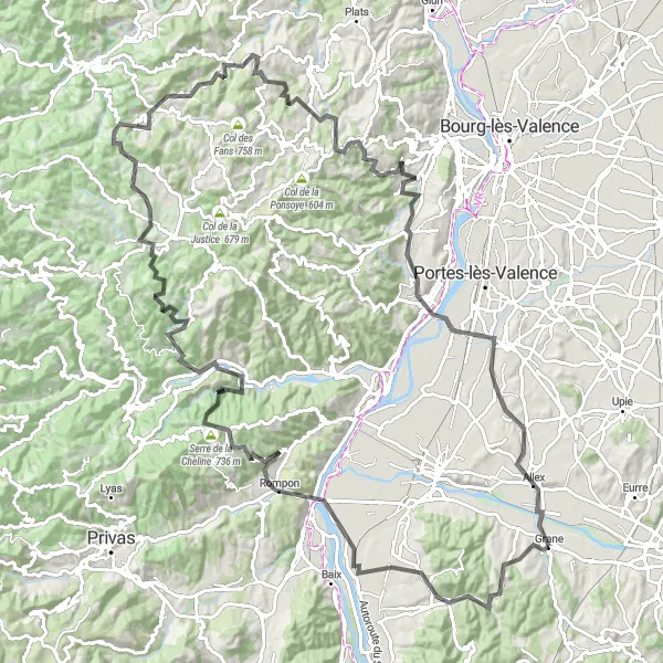 Map miniature of "The Rhône Valley Road Extravaganza" cycling inspiration in Rhône-Alpes, France. Generated by Tarmacs.app cycling route planner