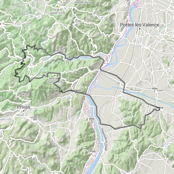 Miniatua del mapa de inspiración ciclista "Ruta de ciclismo en carretera cerca de Grane" en Rhône-Alpes, France. Generado por Tarmacs.app planificador de rutas ciclistas