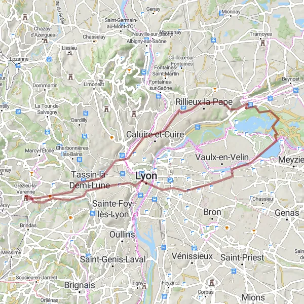 Miniatura della mappa di ispirazione al ciclismo "Avventura tra strade sterrate nei dintorni di Grézieu-la-Varenne" nella regione di Rhône-Alpes, France. Generata da Tarmacs.app, pianificatore di rotte ciclistiche