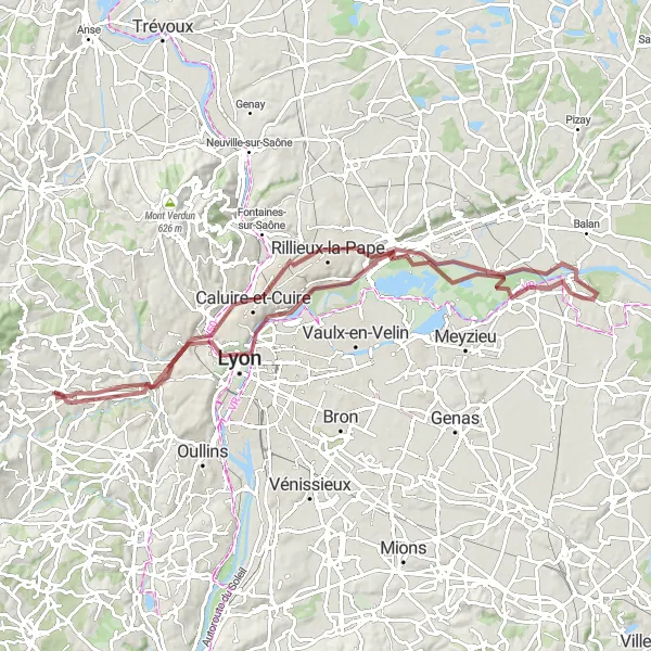 Miniatuurkaart van de fietsinspiratie "Gravelroute van Lyon naar Sathonay-Camp" in Rhône-Alpes, France. Gemaakt door de Tarmacs.app fietsrouteplanner