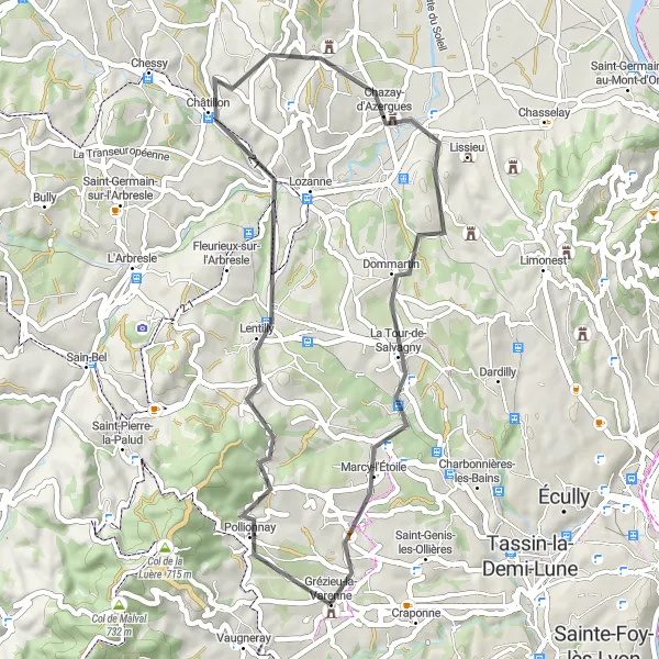 Kartminiatyr av "Rundtur bland charmiga byar i närheten av Lyon" cykelinspiration i Rhône-Alpes, France. Genererad av Tarmacs.app cykelruttplanerare