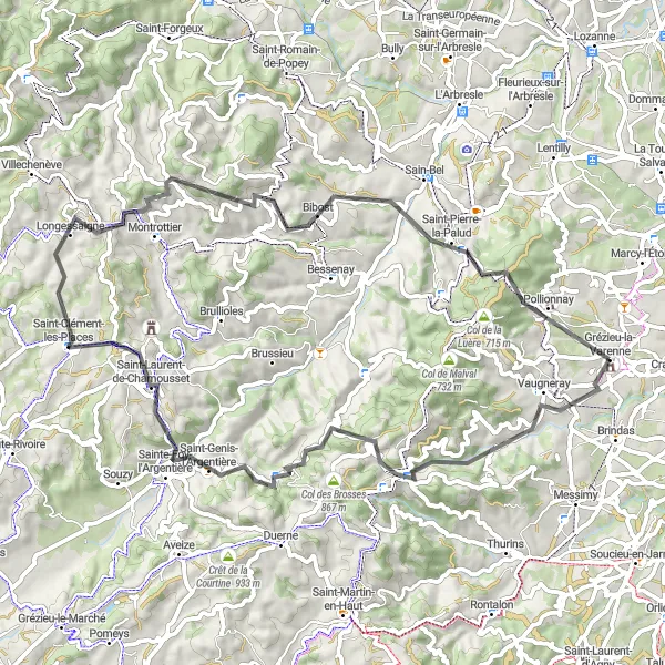 Map miniature of "Challenging Route to Saint-Clément-les-Places" cycling inspiration in Rhône-Alpes, France. Generated by Tarmacs.app cycling route planner