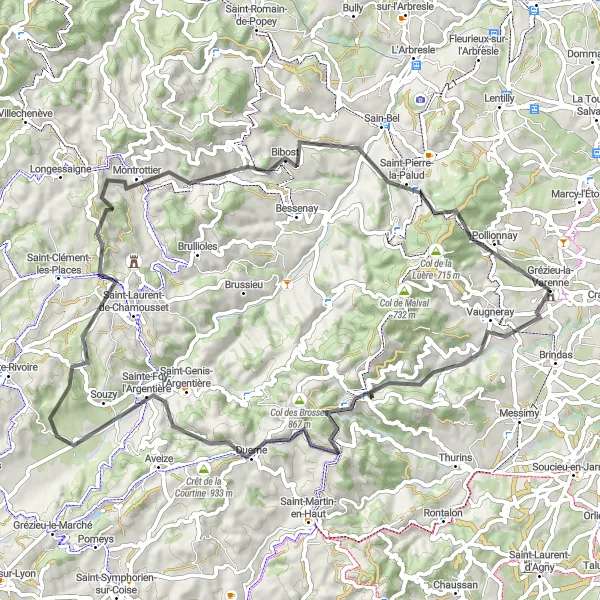 Miniatura della mappa di ispirazione al ciclismo "Avventura ciclistica nei dintorni di Grézieu-la-Varenne" nella regione di Rhône-Alpes, France. Generata da Tarmacs.app, pianificatore di rotte ciclistiche