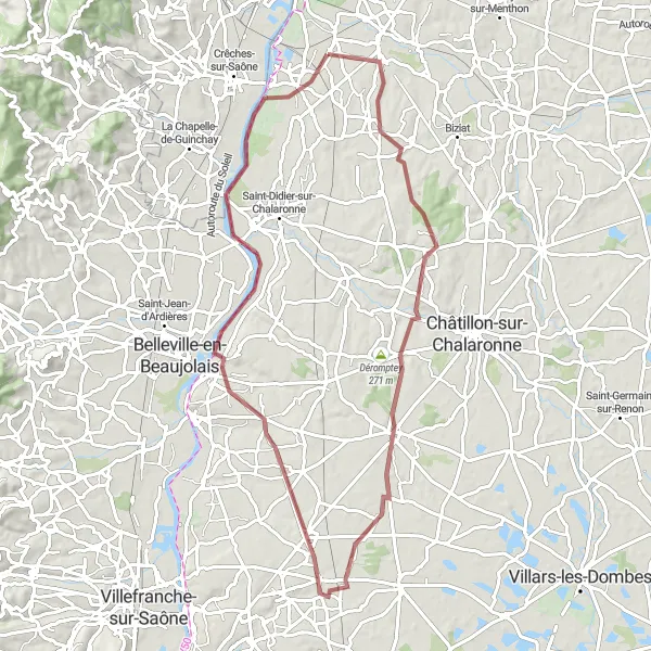 Mapa miniatúra "Gravel okolo L'Abergement" cyklistická inšpirácia v Rhône-Alpes, France. Vygenerované cyklistickým plánovačom trás Tarmacs.app