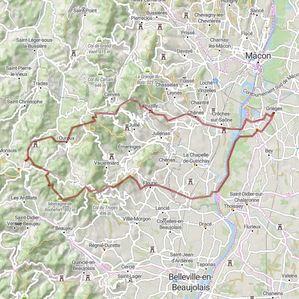 Miniatura della mappa di ispirazione al ciclismo "Esplorazione in gravel tra i vigneti di Romanèche-Thorins" nella regione di Rhône-Alpes, France. Generata da Tarmacs.app, pianificatore di rotte ciclistiche