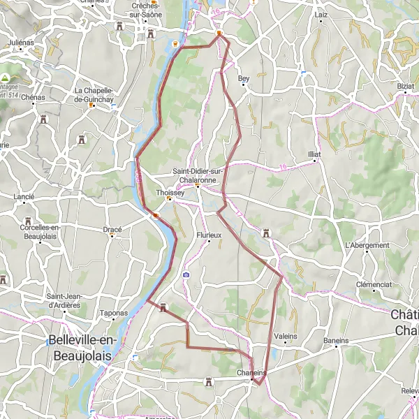 Map miniature of "Serenity of Saône" cycling inspiration in Rhône-Alpes, France. Generated by Tarmacs.app cycling route planner