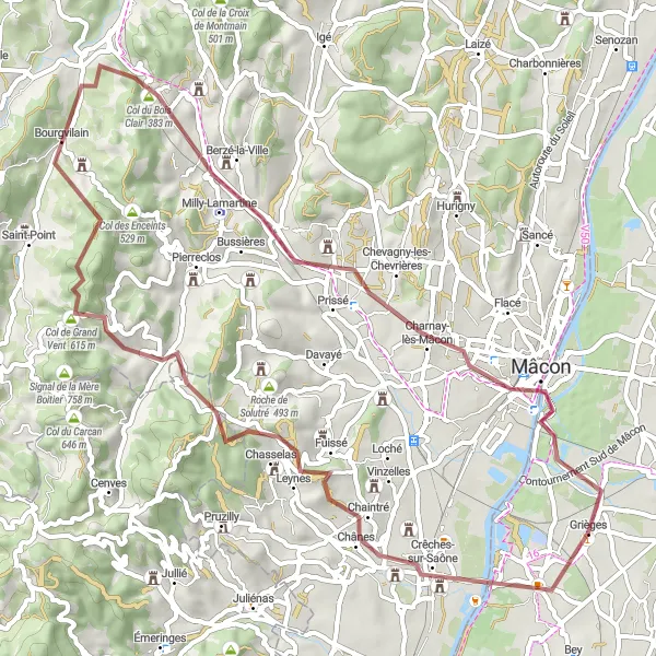 Mapa miniatúra "Gravel okolo Cormoranche-sur-Saône" cyklistická inšpirácia v Rhône-Alpes, France. Vygenerované cyklistickým plánovačom trás Tarmacs.app