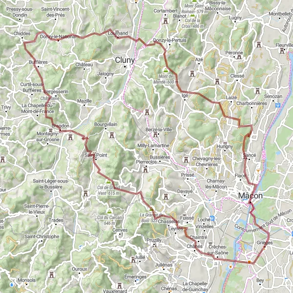 Miniature de la carte de l'inspiration cycliste "Les Collines de Bourgogne" dans la Rhône-Alpes, France. Générée par le planificateur d'itinéraire cycliste Tarmacs.app