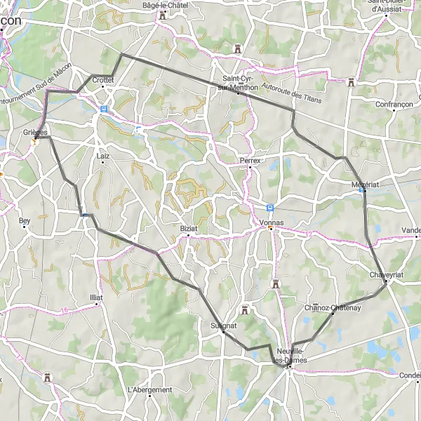 Miniature de la carte de l'inspiration cycliste "Parcours à vélo de Crottet à Cruzilles-lès-Mépillat" dans la Rhône-Alpes, France. Générée par le planificateur d'itinéraire cycliste Tarmacs.app