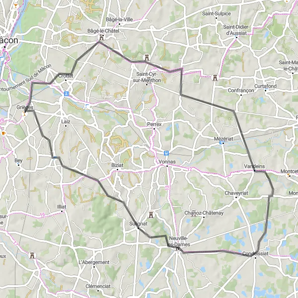Zemljevid v pomanjšavi "Grièges Road Cycling Loop" kolesarske inspiracije v Rhône-Alpes, France. Generirano z načrtovalcem kolesarskih poti Tarmacs.app